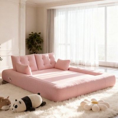 3-in-1 Foldable Bed 78 inch Multi-Functional Foldable Teddy Fabric Sleeper Sofa Bed Non-Slip Headrest Lumbar Pillow Living Room, Pink