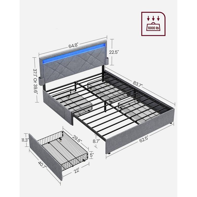 VASAGLE LED Bed Frame Queen/Full/Twin Size with Headboard and 4 Drawers, 1 USB Port and 1 Type C Port, Adjustable Upholstered Headboard, Grey, 5 of 6