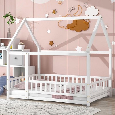 Streamdale Full Size Floor Wooden Bed with House Roof Frame, Fence Guardrails, White
