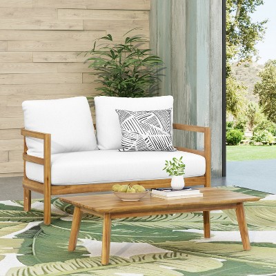 VYNXARIA Outdoor Acacia Wood Loveseat and Coffee Table with Cushions, Light Teak and White