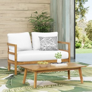 VYNXARIA Outdoor Acacia Wood Loveseat and Coffee Table with Cushions, Light Teak and White - 1 of 4