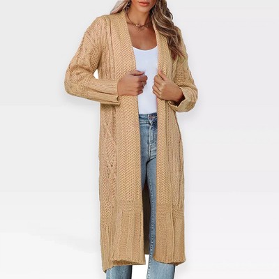 Womens Cable Knit Sweater Cardigan Open Front Long Cardigan Sweater Coats for Winer Longline Jacquard Knit Sweater Cardigan,Khaki - M