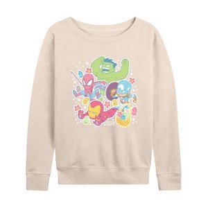 Women's - Marvel - Avengers Easter Stickers Lightweight French Terry Wide Neck Long Sleeve Shirt - 1 of 4