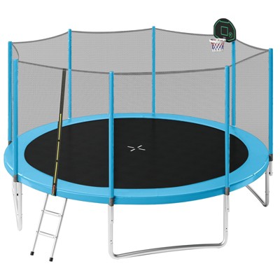 VisioGear 14FT Trampoline for Kids with Safety Enclosure Net, Basketball Hoop and Ladder, Round Outdoor Recreational Trampoline, Blue, 168"*168"*105"