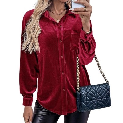 Coolmee Women's Velvet Shirts Long Sleeve Button Down Casual  Winter Tops