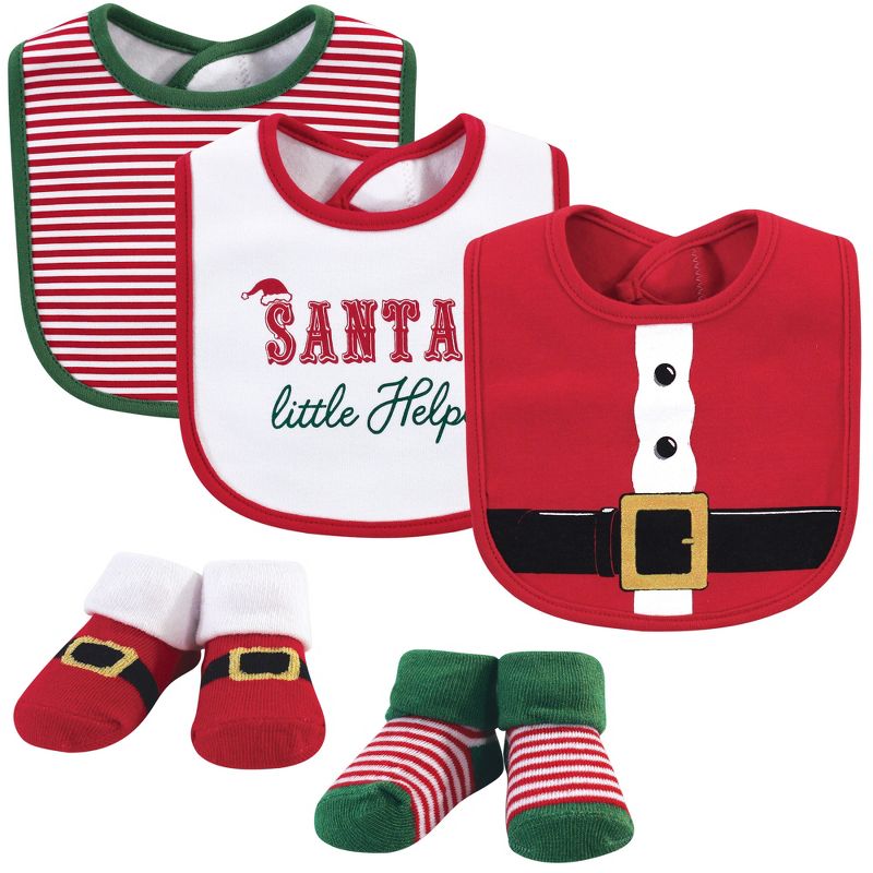 Little Treasure Baby Boy Cotton Bib and Sock Set 5pk, Santa, One Size, 1 of 2