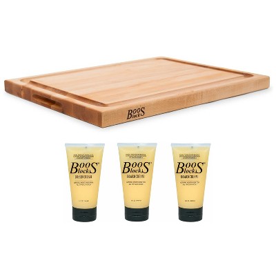 John Boos Block 18 Inch Wide Cutting/Carving Board with Juice Groove, Maple Wood and Block Wooden Butcher Board Natural Moisture Cream, 5 Oz (3 Pack)