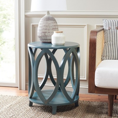 Dark Teal Geometric Wood and Metal Round Accent Table