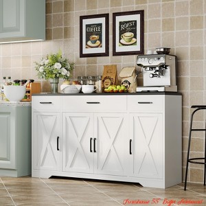 Hallway Farmhouse 55" Buffet Sideboard Kitchen Storage Cabinet w 3 Sliding Drawers, 4 Adjustable Shelves, and Large Wood Coffee Bar Cabinet - 1 of 4