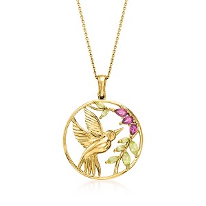 Ross-Simons 0.90 ct. t.w. Peridot and .60 ct. t.w. Rhodolite Garnet Hummingbird Pendant Necklace in 18kt Gold Over Sterling Size 18 - 1 of 4