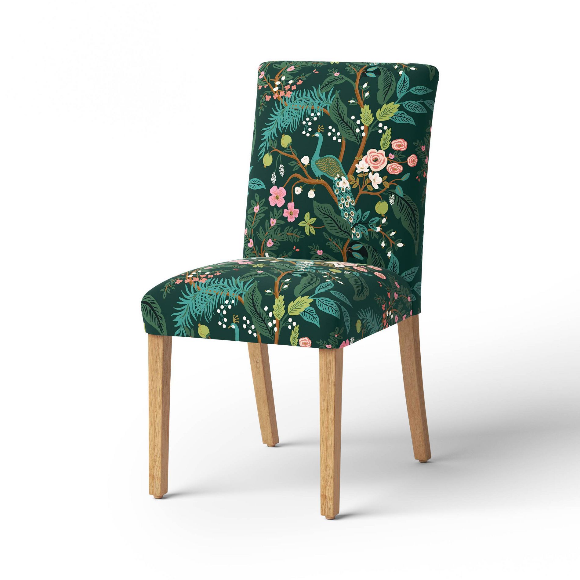 Rifle Paper Co. x Target Peacock Armless Dining Chair Assorted Greens: Cotton Upholstered, Pine Frame, Botanical Print