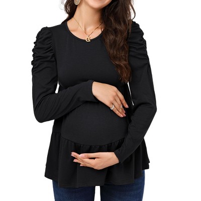 Round neck long sleeved pleated layered maternity top, non vacuum 96 # brown yellow BrownYellow_2XL