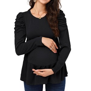 Round neck long sleeved pleated layered maternity top, non vacuum 96 # brown yellow BrownYellow_2XL - 1 of 1