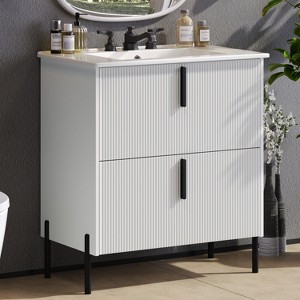 KTMBDW Fluted Design Bathroom Vanity with Ceramic Sink, Wooden Bathroom Storage Vanity with 30 Inch, Small Quick Assembly Bathroom Cabinet - 1 of 4