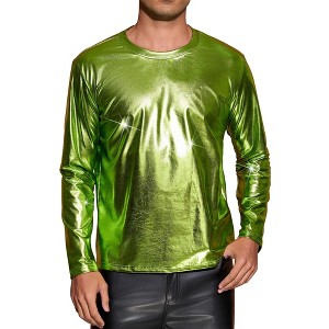 INSPIRE CHIC Men's Round Neck Long Sleeves Shining Disco Metallic T-Shirt - 1 of 4