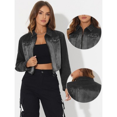 Allegra K Women's Casual Zip-Up Faux Flap Pockets Washed Denim Crop Jacket X-Large Black — фото 3