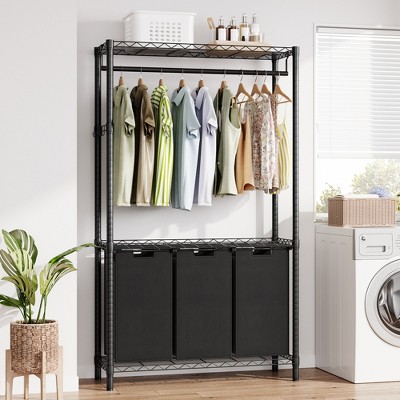 Laundry Sorter, 3 Bag Laundry Basket with Clothing Rack, 3×13 Gallon Sorting Hamper, with Adjustable Shelves for Laundry Bedroom Bathroom