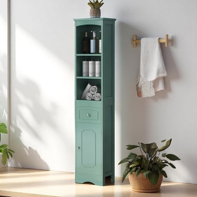 Tall Bathroom Storage Cabinet with Drawer, Adjustable Shelf & Open Shelves, Slim Freestanding Organizer