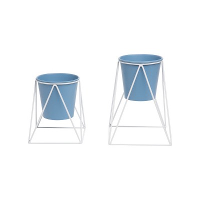 Set of 2 Blue Metal Pots and White Plant Stands - Foreside Home & Garden