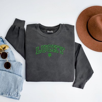 Simply Sage Market Women's  Garment Dyed Graphic Sweatshirt Embroidered Lucky Varsity Clover St. Patrick's Day