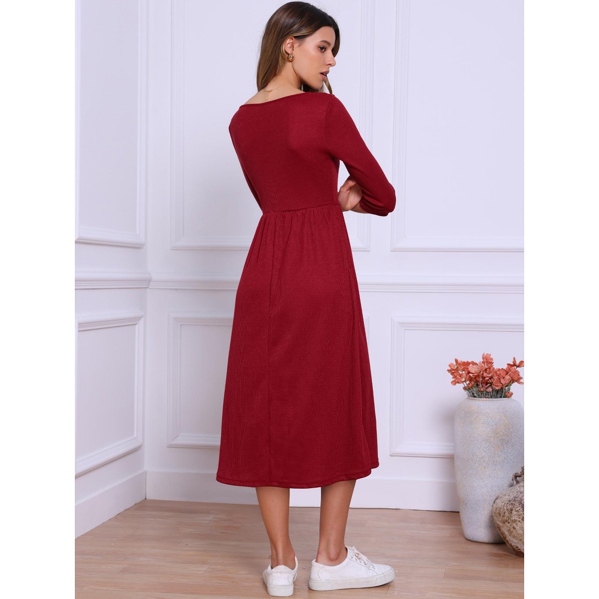 Женские платья INSPIRE CHIC Women's Square Neck 3/4 Sleeves Waffle Knit Casual Midi Dress Medium Dark Red — фото 3