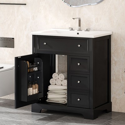 Okak Modern Sleek 30" Bathroom Vanity with Ceramic Sink Combo, Freestanding Single Vanity with 2 Drawer & Door, Bathroom Storage Cabinet