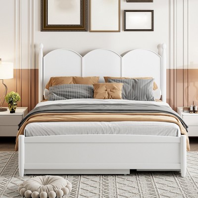 Queen Size Bed Frame with Trundle, Wooden Platform Bed with Curved Headboard & 2 Drawers, Wooden Slats Support, No Box Spring Required