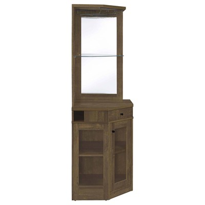 Rustic Oak Corner Bar Cabinet with Mirrored Back and Glass Shelf