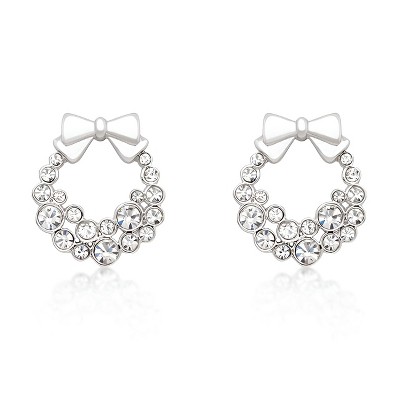 Slickblue Christmas Wreath Earrings – Clear Crystal, Silver-Tone, Holiday Jewelry for Women, Festive Party Accessory