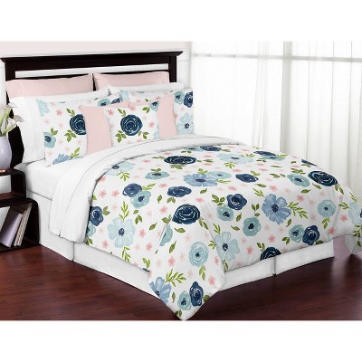 3pc Queen Sweet Jojo Designs Watercolor Floral Bedding Set Pink/Blue - Sweet Jojo Designs