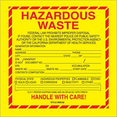 Tape Logic Labels "Hazardous Waste - California" 6" x 6" Red/Yellow/Black 500/Ro DL7510