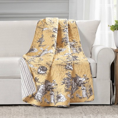 60"x50" Single French Country Toile Cotton Reversible Throw Yellow/Gray - Lush Décor