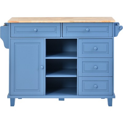 XINGHANZHENXUAN Black Mobile Kitchen Island Cart with Rubber Wood Top, 5 Drawers, Storage Cabinet, Adjustable Shelves & Locking Wheels