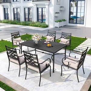7pc Outdoor Dining Set with 6 Chairs with Seat & Back Cushions & Metal Rectangle Table with Umbrella Hole - Captiva Designs: Powder-Coated - 1 of 4