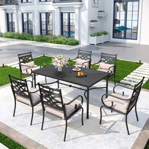 7pc Outdoor Dining Set with 6 Chairs with Seat Back Cushions Metal Rectangle Table with Umbrella Hole Captiva Designs