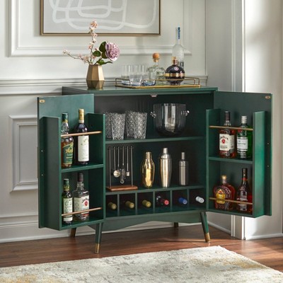 Mid-Century Green Veneer Bar Cabinet with Brass Accents