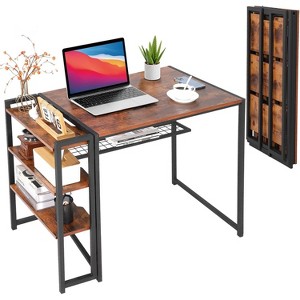 35 inch Folding Desk Writing Computer Desk with Storage Shelf,Spaces Saving Writing Sturdy Table No Assembly,for for Bedroom, Brown - 1 of 4
