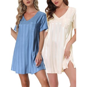 cheibear Women's Short Sleeve Mini Striped Pajama Dress 2 Packs - 1 of 3