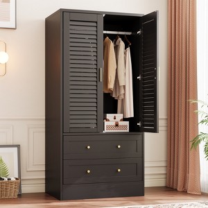 Wardrobe Armoire Closet with 2 Shutter Doors, Wardrobe with Hanging Rods and 2 Drawers, Modern Bedroom Armoire with Gold Handles - 1 of 4