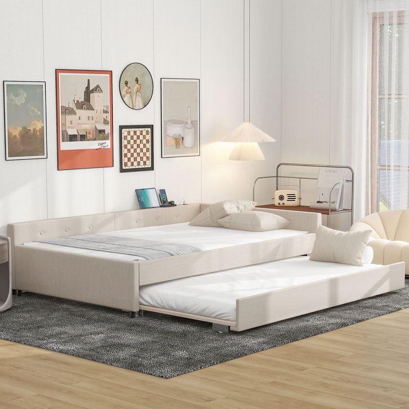 Full/Queen Size Upholstered Platform Bed with USB Ports, Modern Daybed with Trundle, Beige - ModernLuxe, 1 of 11