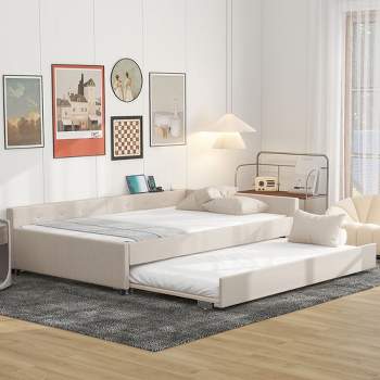 Full/Queen Size Upholstered Platform Bed with USB Ports, Modern Daybed with Trundle, Beige - ModernLuxe
