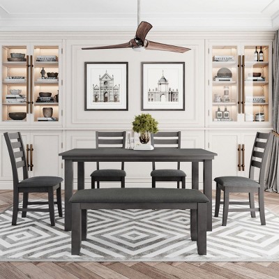 6 Piece Modern Wood Dining Room Table and Chairs with Bench, 6 Seater Dining Room Table,2 Seater Bench and Dining Chairs Set of 4-Cuddlewood