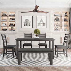 6 Piece Modern Wood Dining Room Table and Chairs with Bench, 6 Seater Dining Room Table,2 Seater Bench and Dining Chairs Set of 4-Cuddlewood - 1 of 4