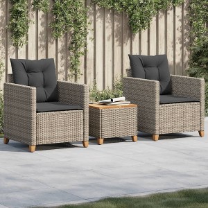 vidaXL 3 Piece Bistro Set with Cushions Gray Poly Rattan Acacia Wood - 1 of 4