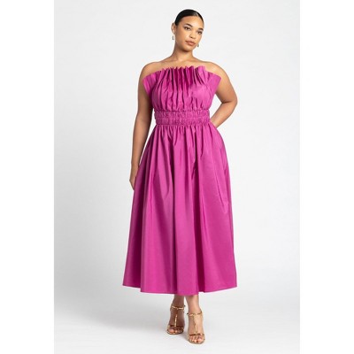 ELOQUII Pleated Ruffle Neckline Midi Dress