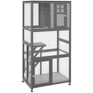 PawHut 74" Wooden Outdoor Cat House Weatherproof & Wheeled, Catio Outdoor Cat Enclosure with High Weight Capacity, Cat Cage Condo - 1 of 4