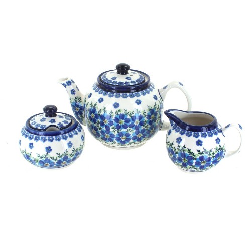 3 Piece Blue Tea Set, Blue Rose Teapot, Creamer & Covered Sugar