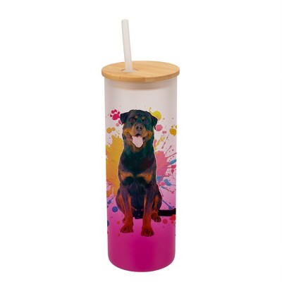 100 North 25 Ounce Frosted Glass Gradient Travel Tumbler With Straw & Wooden Lid, Rottweiler Dog Paint Splatter Pink