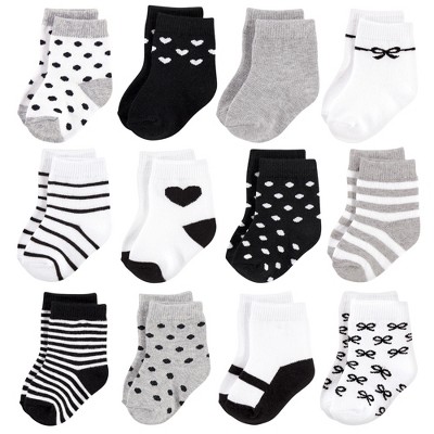 Image of Hudson Baby Infant Girl Cotton Rich Newborn and Terry Socks, Girls Gray Black, 6-12 Months