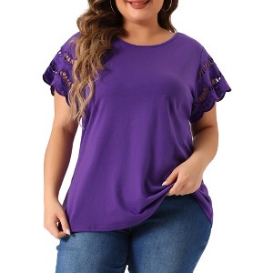 Agnes Orinda Women's Plus Size Round Neck Hollow Lace Panel Short Sleeve Casual Summer Blouses - 1 of 4